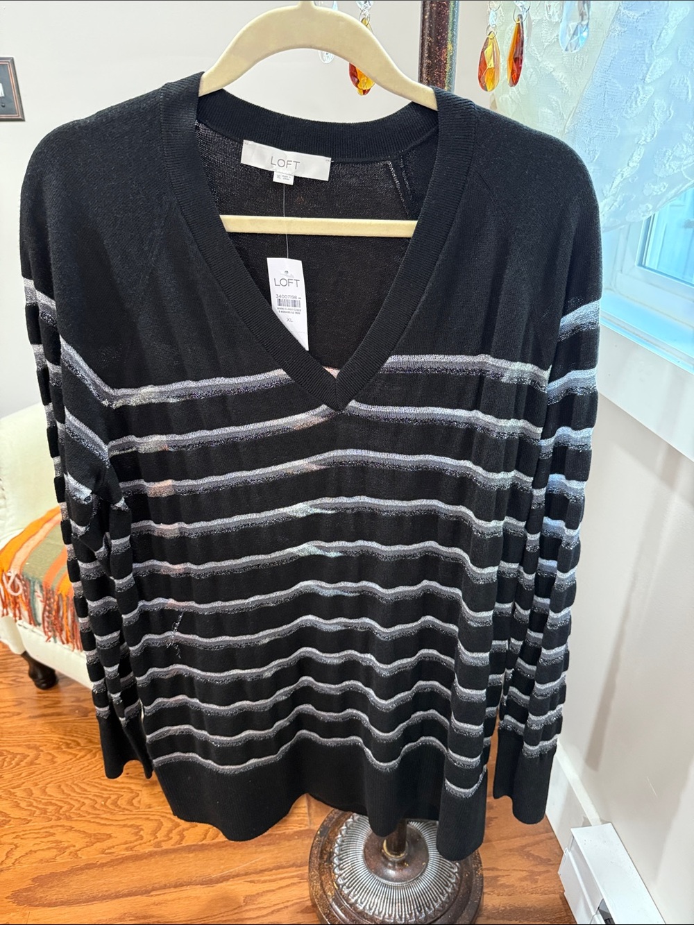 LOFT Metallic Striped V-Neck Tunic Sweater XL